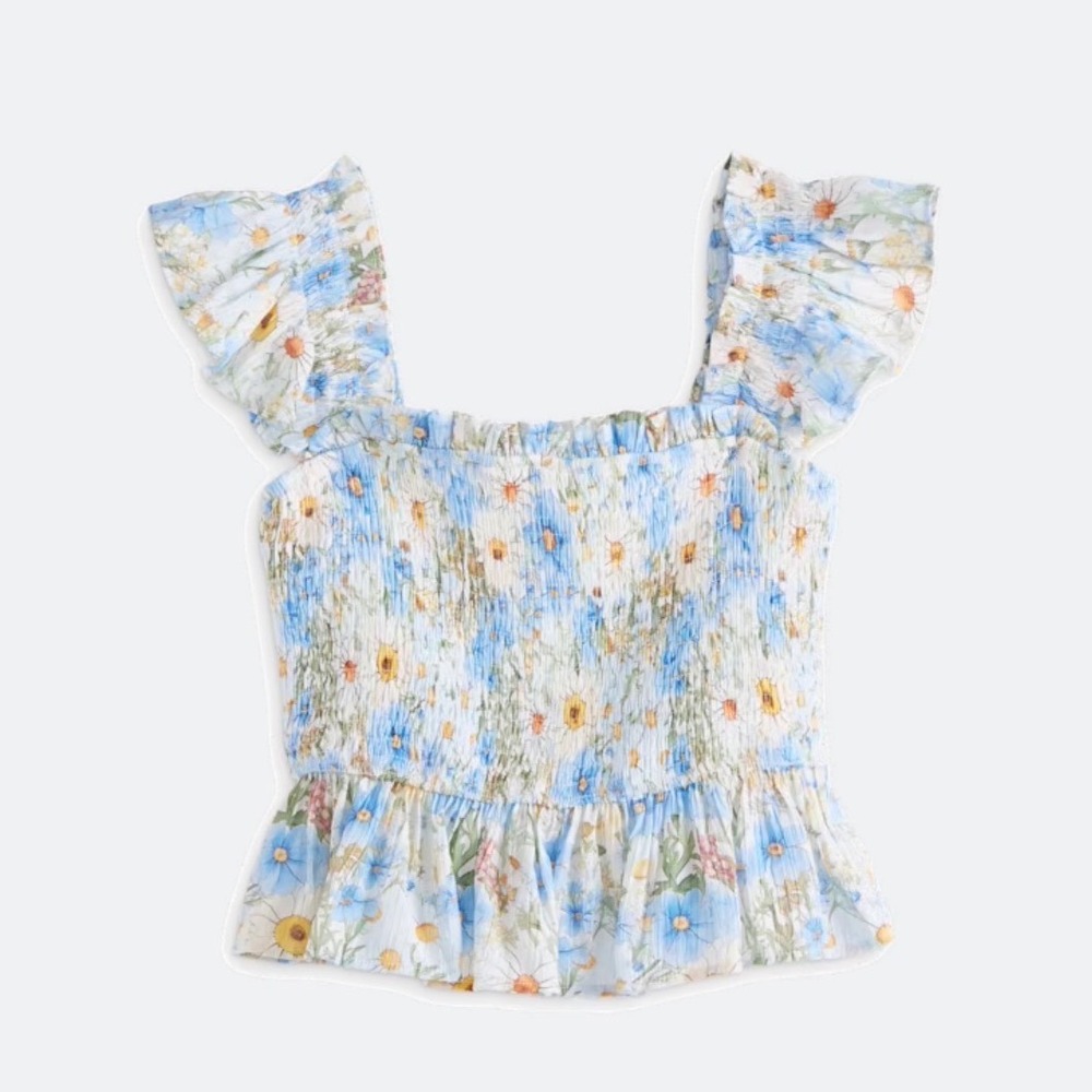 Peplum Top Blue Floral Smocked Ruffle Blouse M Essentielle by En Saison Fleur